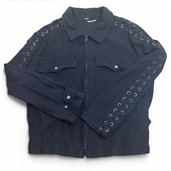 Free People Black Zip Up Jacket with Lace Up Sleeves -‎ Military Style - Size M - Picture 5 of 10
